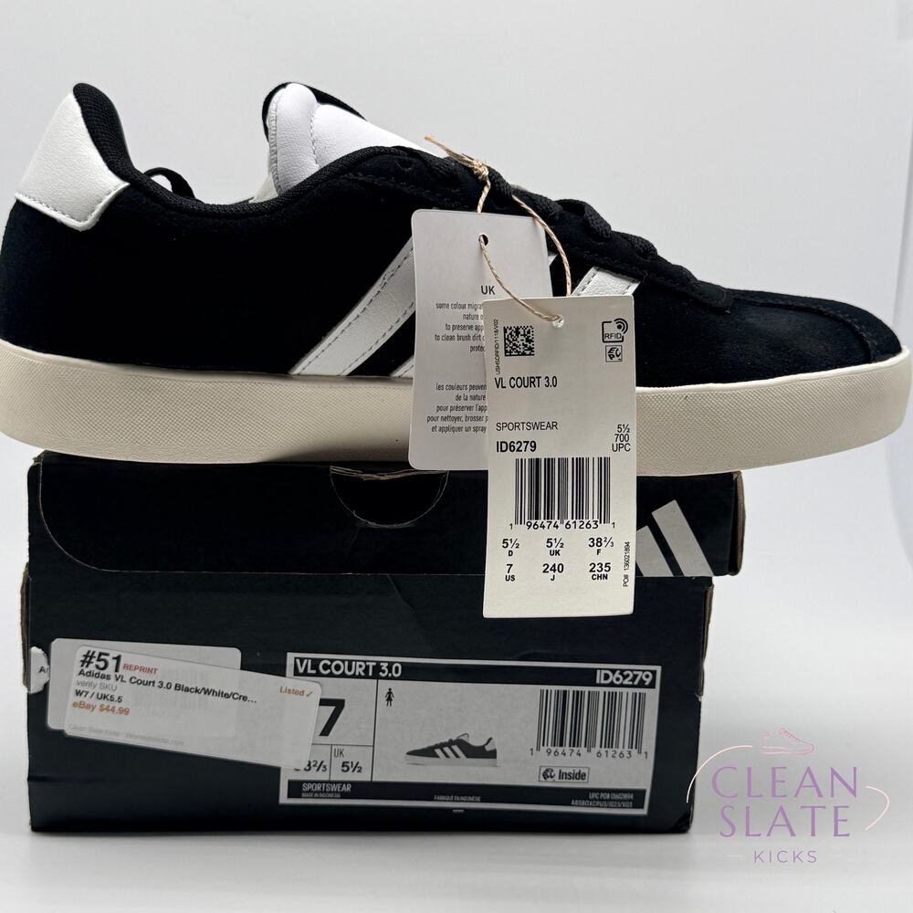 Adidas VL Court 3.0 ID6279 Black/White Women's 7 NIB/NWT